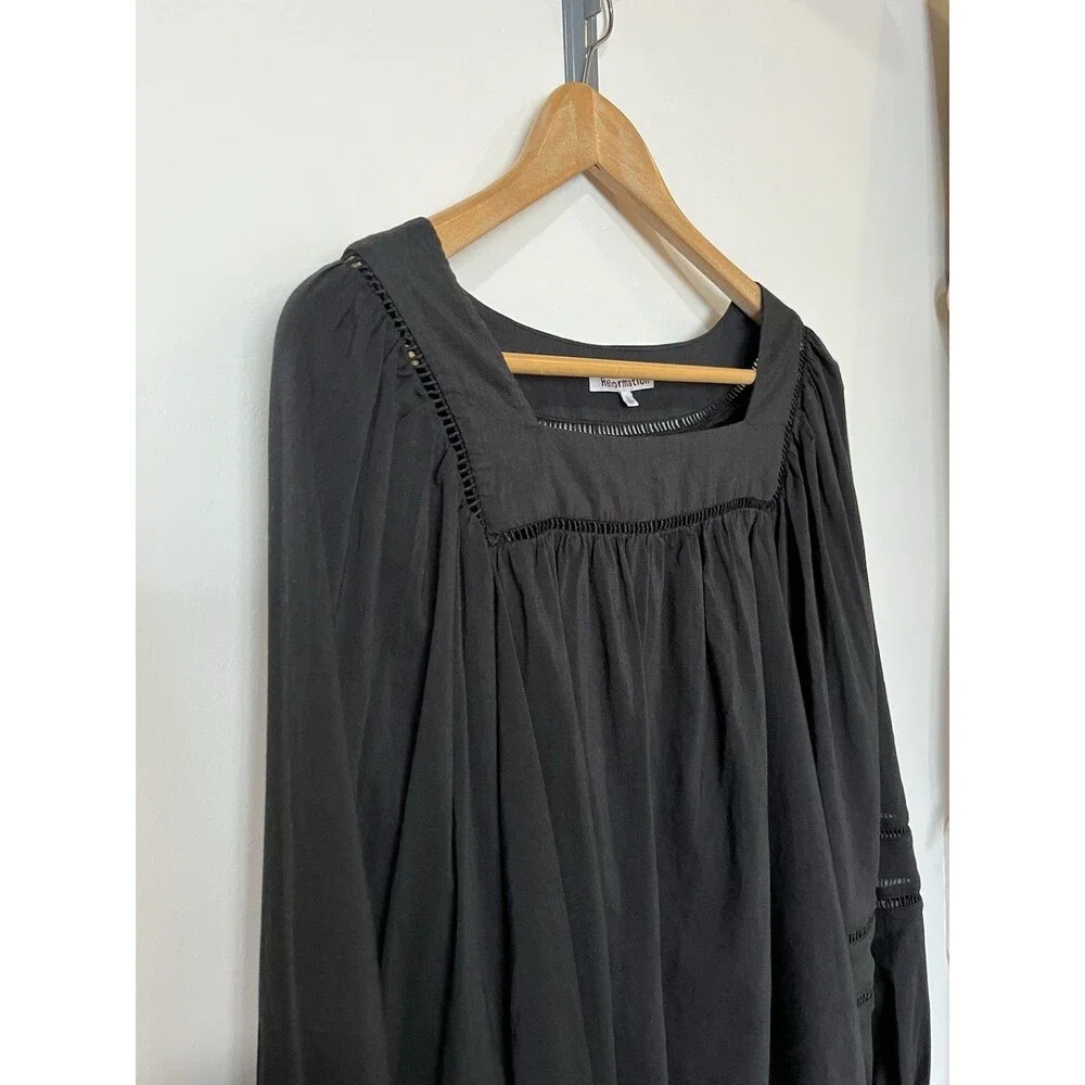Reformation Black Square Neck Long Puff Sleeve Suzanne Boho Blouse Size Large